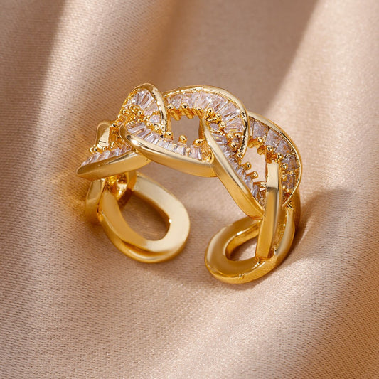 Gold Plated Stainless Steel Crystal Rings For Women Chain Geometry Zircon Finger Ring Jewelry Gift anillos mujer 2025 New Trendy