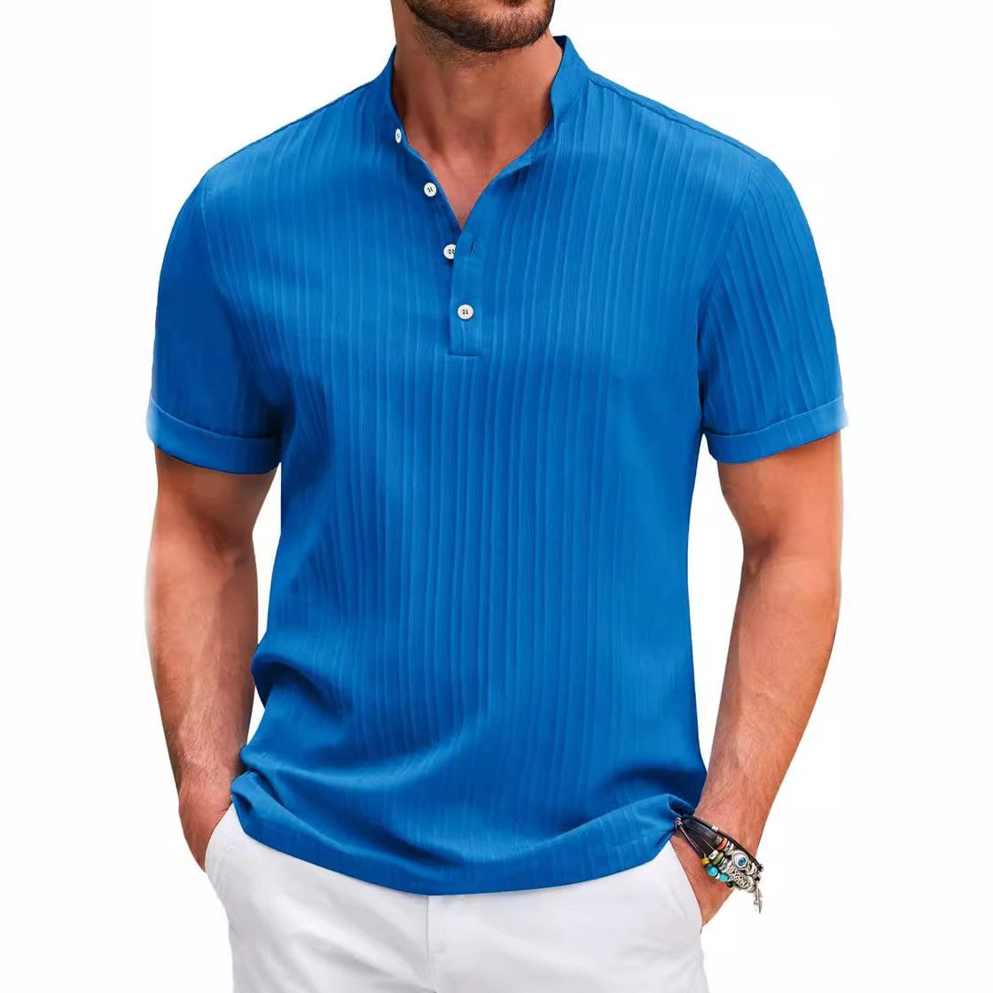 2025 Summer New Men's High Quality Breathable Striped Jacquard Shirt Lapel Casual Comfortable Stylish Casual Short-Sleeved Shirt