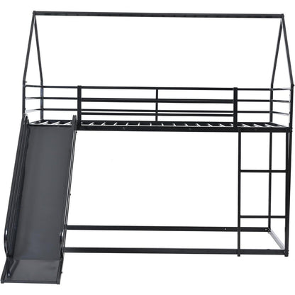 Beliche Duplo com Escorregador, Beliche Baixo Infantil de Metal com Escada e Guarda-Corpo de Comprimento Total para Menina, Menino