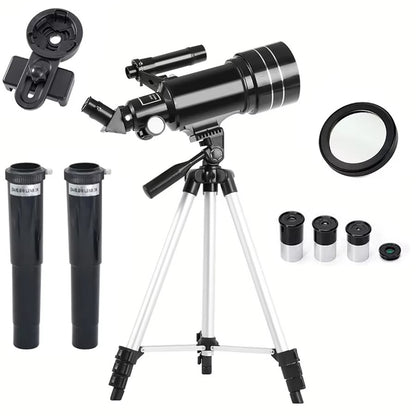 Telescópio astronômico todo preto 30070, telescópio com zoom de 15-150x, adequado para observar estrelas e a lua