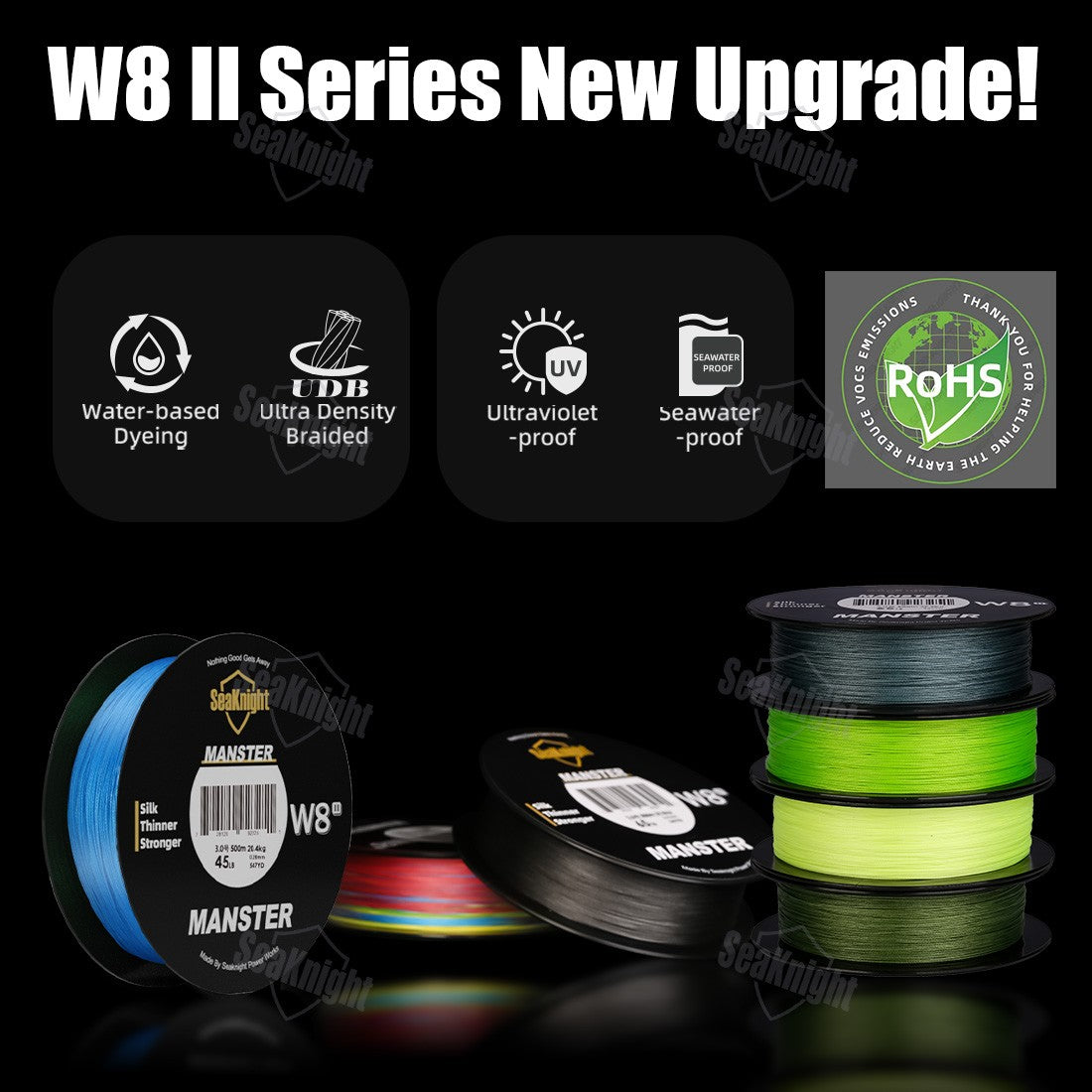 Linha de Pesca SeaKnight W8 II 300M PE, 8 Fios, Multifilamento Trançado, Revestimento Atualizado de Resina de Silicone, Pesca em Água Salgada