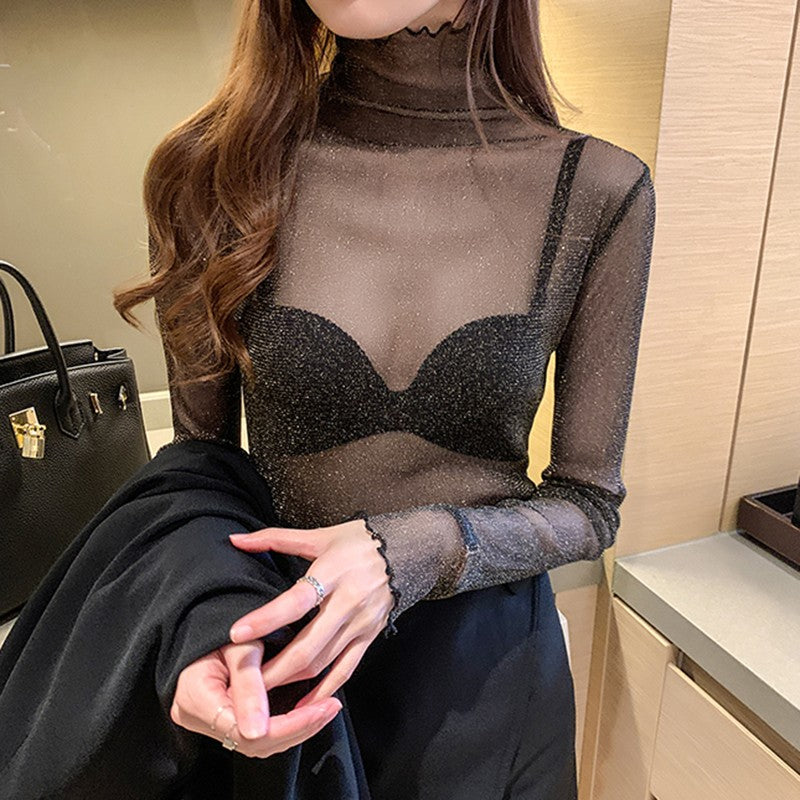 Spring Summer Women's Sexy See Through Mesh Blouse Long Sleeve Transparent Shining Elegant Shirt Fashion Women Tops 2025
