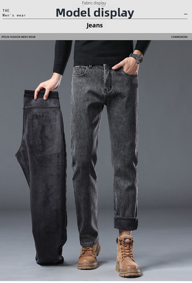 Calça Jeans Masculina de Inverno Slim Reta Elástica Jeans Casual Masculino Roupa Moda Calça Pelúcia Nova Moda Jeans Quente