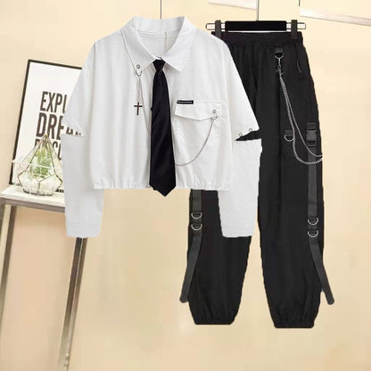 Unisex Student Workwear Outfit, Baggy Black Cargo Pants Set with White Short Shirt, Korean Loose Fit Street Style 2PC Coords