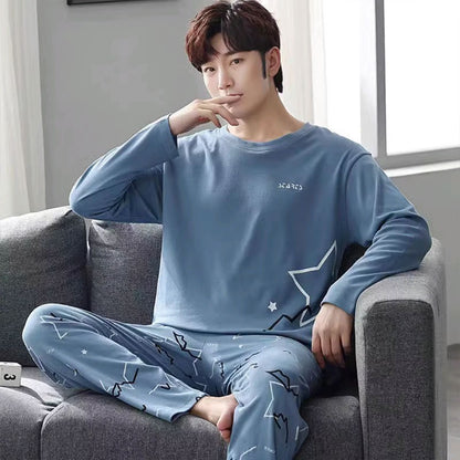 Cotton Pajamas Men Spring and Fall Long-Sleeved Long Pants Korean Version of the Loose Homewear Solid Sleepwear Loungewear Large