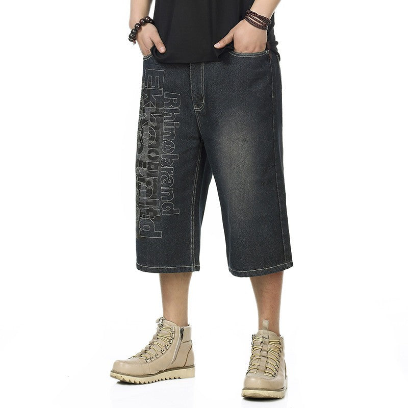 ABOORUN Mens Plus Size Loose Baggy Denim Shorts Fashion Streetwear Hip Hop Skateboard Cargo Jeans Short for Male R1402