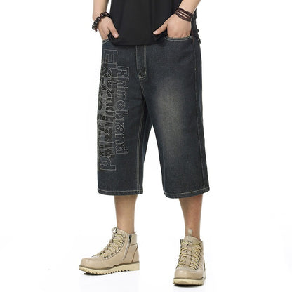 ABOORUN Mens Plus Size Loose Baggy Denim Shorts Fashion Streetwear Hip Hop Skateboard Cargo Jeans Short for Male R1402