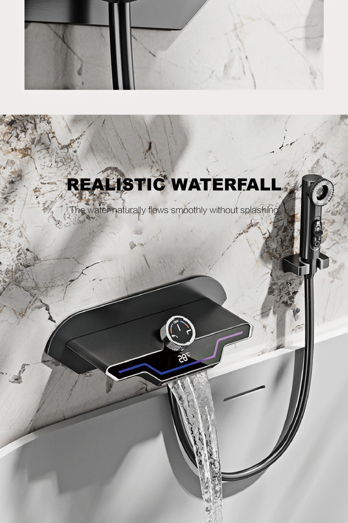 Luxury black brass wall mounted thermostatic bathroom faucet with LED digital display design, embedded hot and cold bathtub Tap