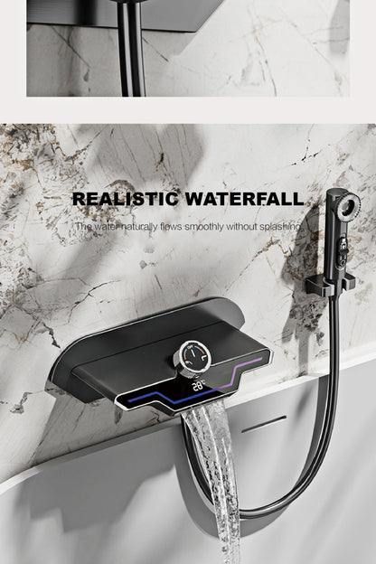 Luxury black brass wall mounted thermostatic bathroom faucet with LED digital display design, embedded hot and cold bathtub Tap