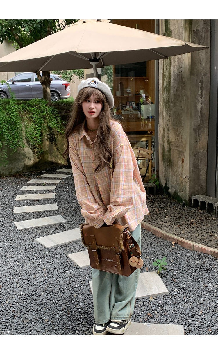 Ice Blue Plaid Long Sleeve Shirt Unisex Premium Cleanfit Denim Fabric V-neck Open Cardigan Style Holiday Vibes Short Length