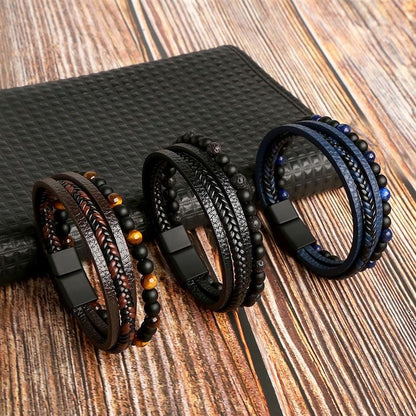 Pulseira de Couro Jiayiqi Masculina Punk Hip Hop Metal Charm Contas Olho de Tigre Pulseira Multicamadas para Homens Joia da Moda Presente