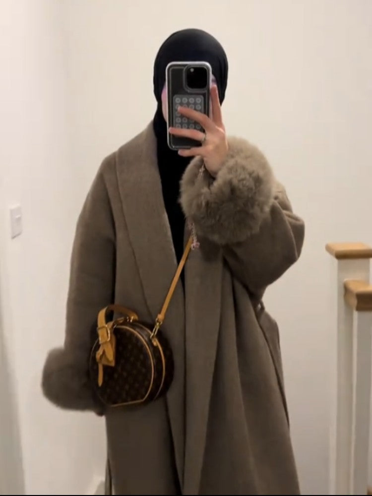 Elegant Faux Fur Cuffs Woolen Coat With Belt For Women Fashion Lapel Long Sleeve Lace Up Maxi Jacket Lady 2025 Autumn Outerwear