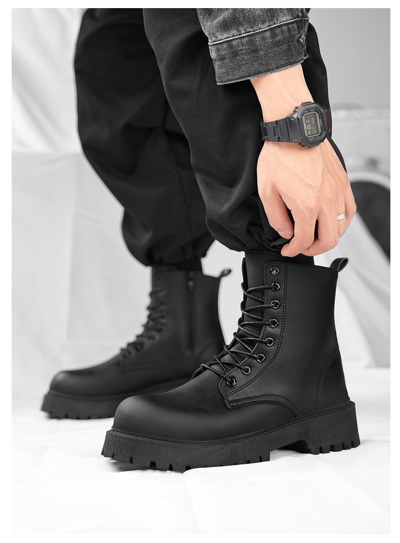 Botas casuais de casal, para quatro estações, masculinas e femininas, de cano alto, em couro, fashion, com sola grossa, antiderrapantes, plus size, para uso ao ar livre