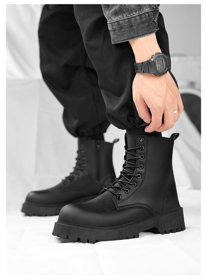 Botas casuais de casal, para quatro estações, masculinas e femininas, de cano alto, em couro, fashion, com sola grossa, antiderrapantes, plus size, para uso ao ar livre