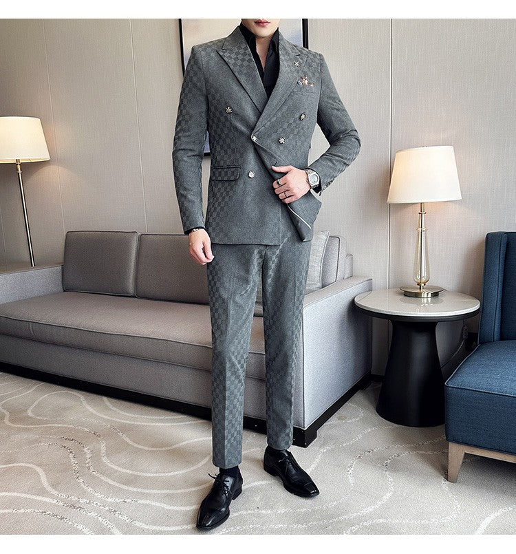 (Jacket+Pants)Luxury Checkered Double Breasted Suit  2 Pieces Fashion Business Slim Fit Social   Formal Suit Evening Dress 5XL-M
