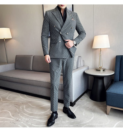 (Jacket+Pants)Luxury Checkered Double Breasted Suit  2 Pieces Fashion Business Slim Fit Social   Formal Suit Evening Dress 5XL-M