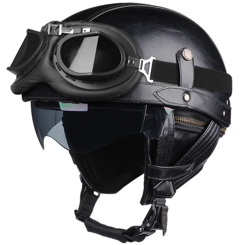 Retro Motorcycle Helmet PU Leather Moto Helmets Men Women Half Helmet HD Lens Casco Four Seasons Riding Scooter Capacetes