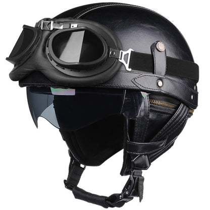 Retro Motorcycle Helmet PU Leather Moto Helmets Men Women Half Helmet HD Lens Casco Four Seasons Riding Scooter Capacetes
