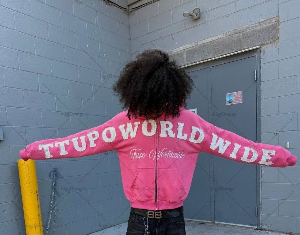 2025 Trendy Retro Harajuku Letter Embroidered Zipper Hoodie Women Punk Oversized Sweatshirt Men Hip-hop Casual Loose Streetwear