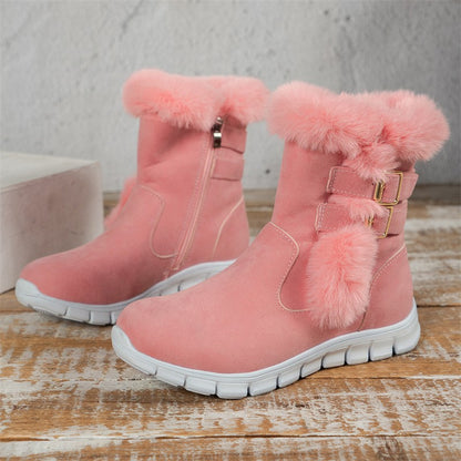 Winter Round Toe Plus Velvet Warm Side Zipper Casual Mid-calf Boots New Comfortable Fashionable Buckle Flat Snow Boots for Women