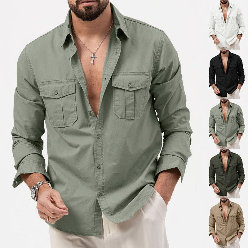 Safari Cotton Shirts Mens Outdoor Work Travel Button Down Tops Casual Long Sleeve Hiking Camping Utility Shirt With Flap Pocket