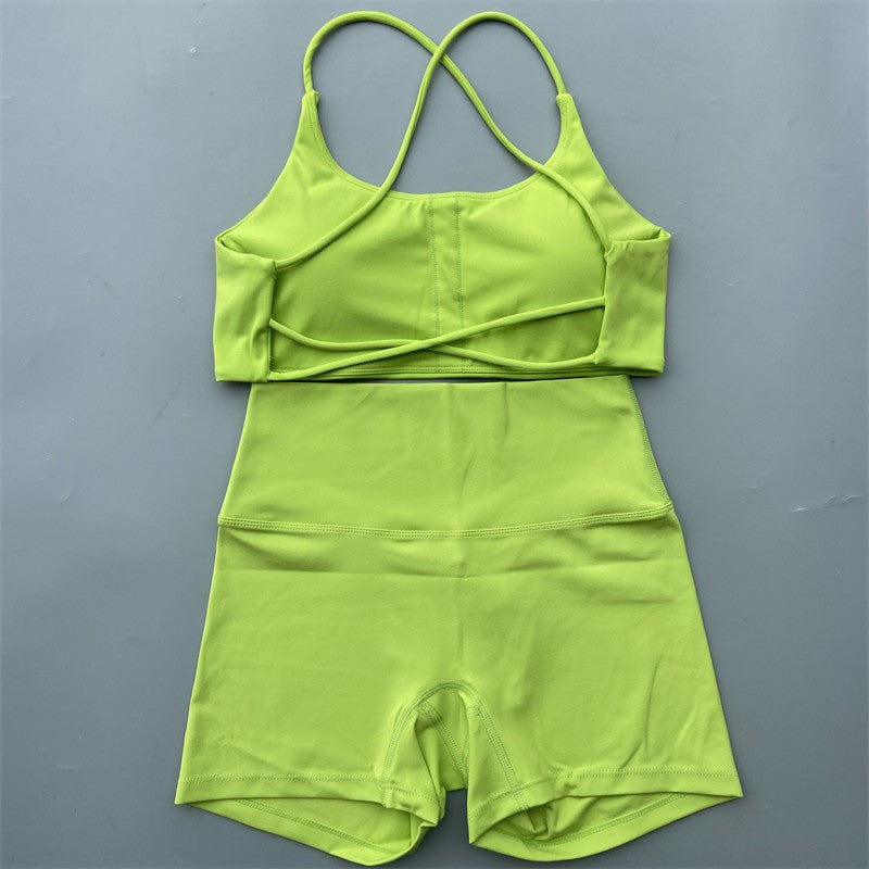 Yoga Shorts Set Gym Two Piece Sports Set Women Workout Outfit Fitness Suit Cross Straps Bra High Waist Shorts Running Tracksuit