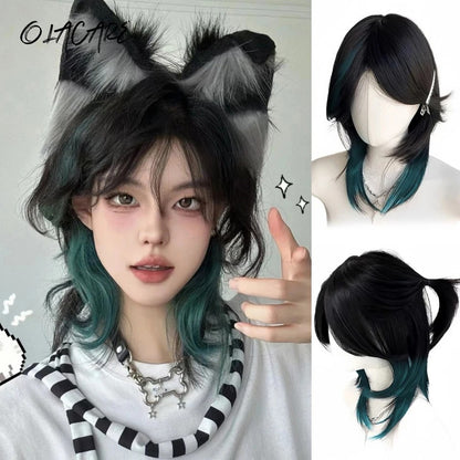 OLACARE Perucas Curta Mullet com Franja Sintética Reta Anime Masculina Preto Branco Cinza Verde Peruca de Cabelo para Festa Diária Cosplay