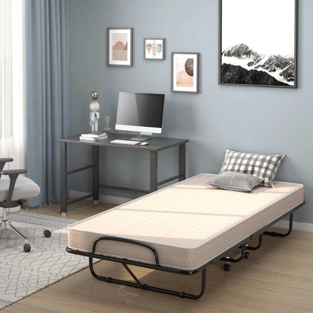 Portable Adult Guest Bed with 4-Inch Mattress and Four Wheels for Space-Saving Storage