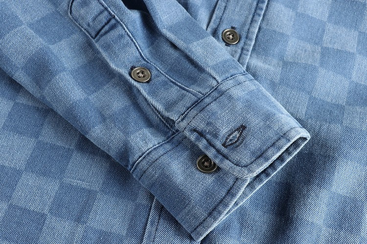 Spring Japanese Retro Long Sleeve Lapel Denim Plaid Cargo Shirts Men's High Street 100% Cotton Washed Loose Casual Thin Jacket