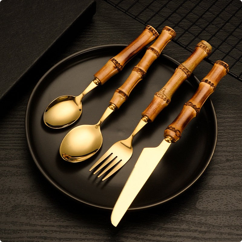 Conjunto de Talheres de Bambu 1 peça/4 peças Aço Inoxidável Dourado Faca Garfo Colher Louça Talheres Seguros para Lava-louças Conjunto de Talheres