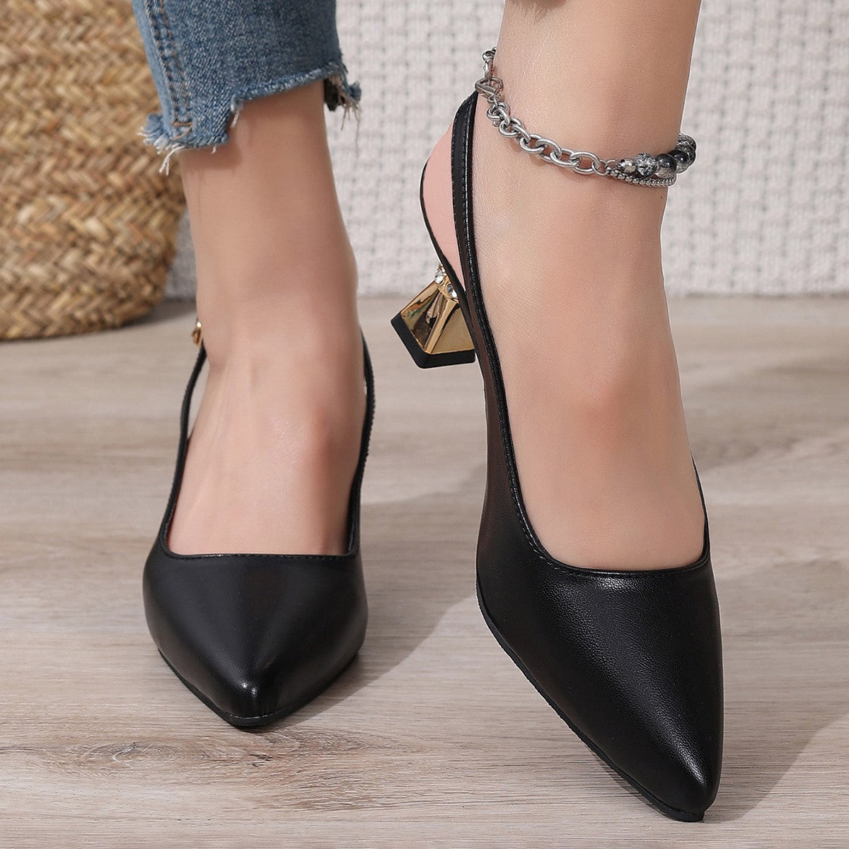 Pu Leather High Heels Pumps Women 2025 Summer Ankle Buckle Thick Heeled Sandals Woman Crystal Decor Pointed Toe Party Shoes