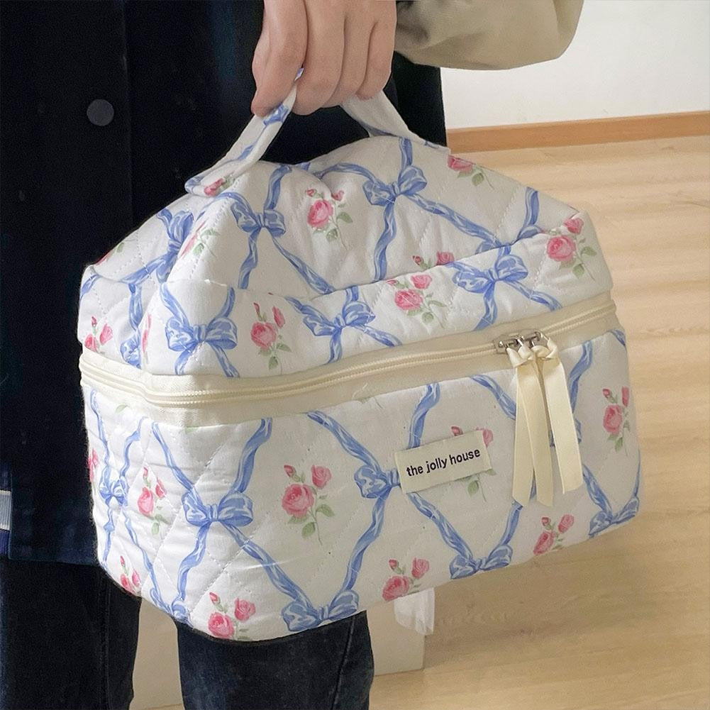 Cute Bow Flower Cloth Handbag Quilting Cotton Makeup Bag Women Zipper Cosmetic Organizer Portable Toiletry Case for Girls