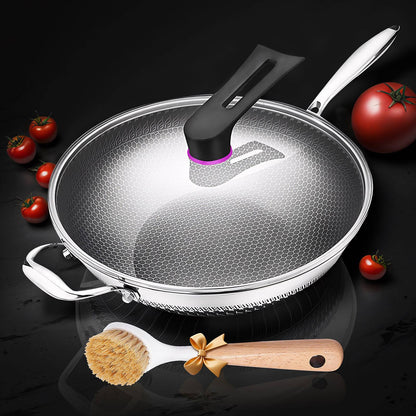 Wok pan,Hybrid 13 inch Wok with Lid, PFOA Free Cookware,non stick Stainless Steel Woks & Stir-fry pans Nonstick
