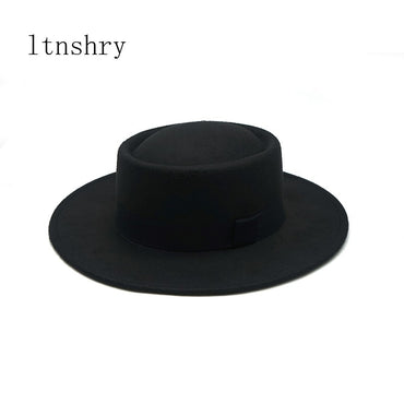 Chapéus Fedora de Aba Larga Vintage, Simples e Modernos de Inverno para Mulheres, Cor Sólida, Topo Reto, Fita Preta, Boné Casual estilo Panamá Jazz