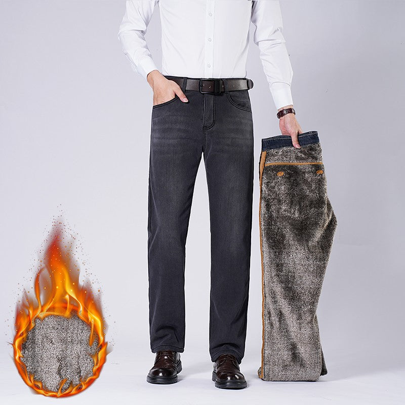 Men's Fleece Straight Leg Jeans Winter Thick Warm Business Casual Velvet Pants Elastic Loose Trousers Outdoorwear