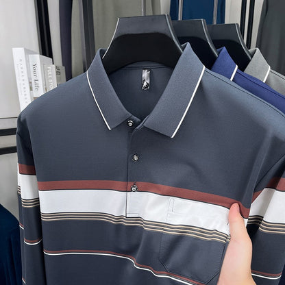 High quality stripe men's long sleeve polo shirt fashion luxury pocket middle-aged business casual color blocked comfort T-shirt