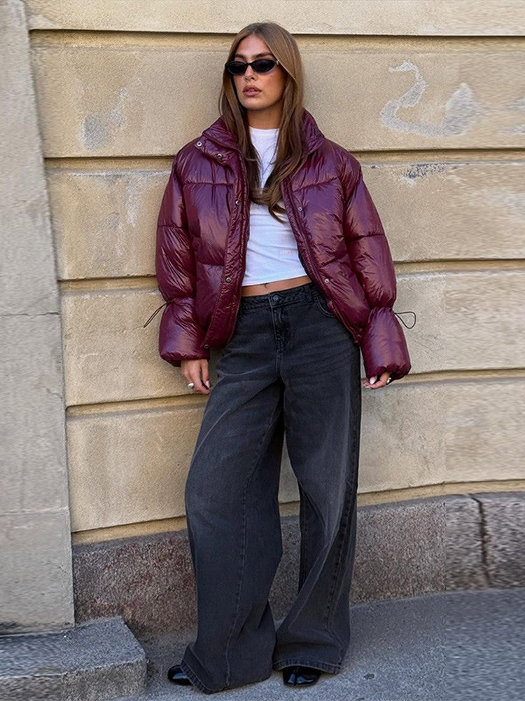 Thicken Cotton Jackets Women High Neck Long Sleeves Zipper Drawstring Coats Female 2025 Winter Fashion Chic Solid Warm Outwears