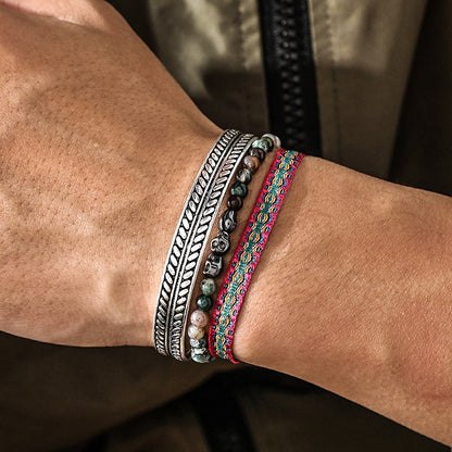 Pulseira Tibetana de Buda com Corrente de Corda Azul, Pedra Natural Envelhecida, Contas, Para Homens, 3 Peças/Conjunto, Banhada a Prata, Ajustável, Joia de Presente