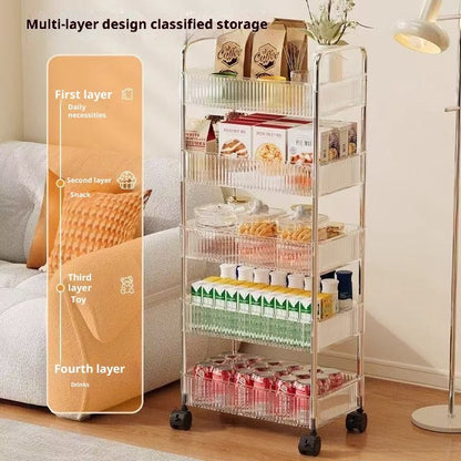 Prateleira de armazenamento móvel para banheiro para lanches, brinquedos e cosméticos multi-camadas, carrinho pequeno transparente
