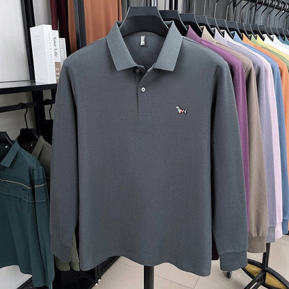 100% pure cotton spring and autumn fashionable men's collar striped long sleeved polo shirt with micro seal dog embossed design