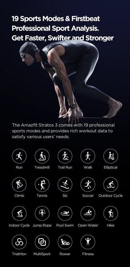 Smartwatch Amazfit Stratos 3 para homens com GPS, Bluetooth e 5ATM à prova d'água – Mostruário com caixa