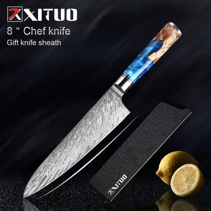 XITUO Kitchen Knives Set Damascus Steel VG10 Chef Knife Cleaver Paring Bread Knife Blue Resin Stabilised Wood Handle 1-7PCS set