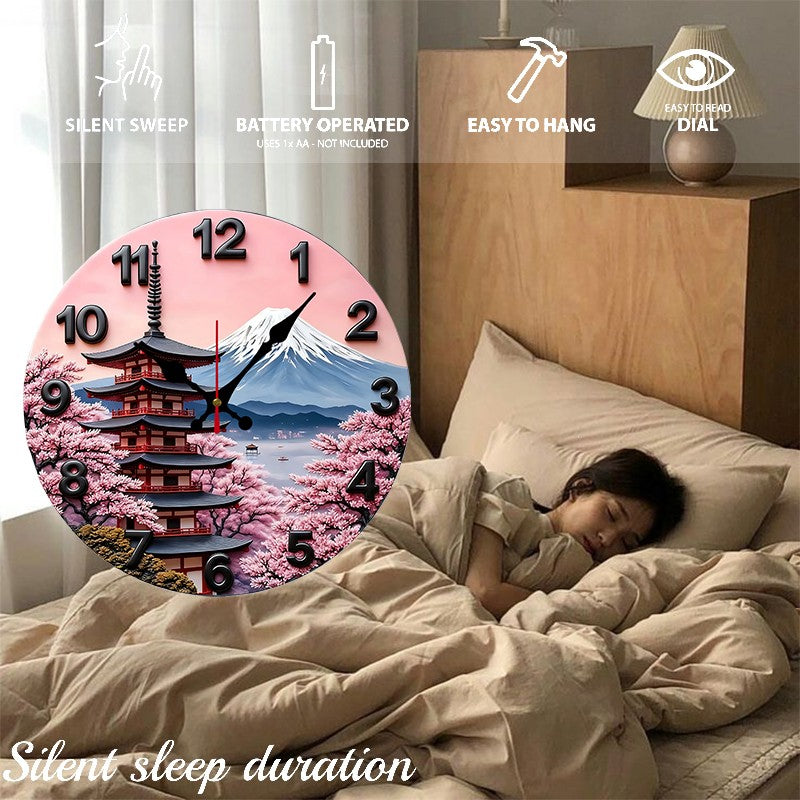Mount Fuji Design Wooden Round Silent Hanging Wall Clock, Suitable For Living Room, Office, Study Room, Bedroom, Home Decoration