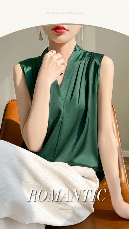 Womens Tops Blouses Solid Color White Satin Blouse Office Shirt Blusas Sleeveless Women Shirts Black White Female YTM A31