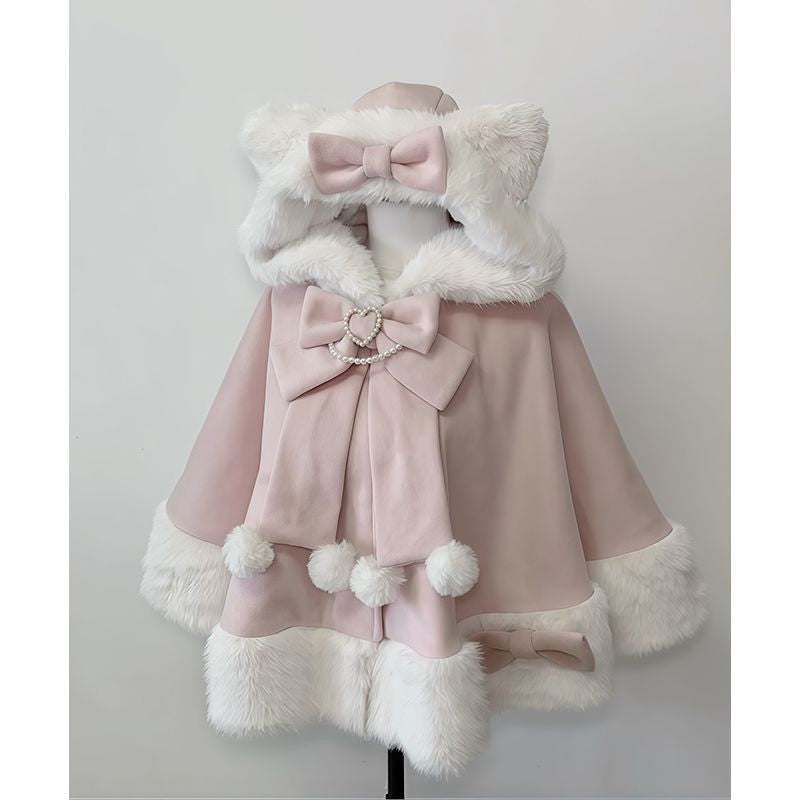 2025 Winter New Lolita Shawl Overcoat Women Design Bow Hooded Patchwork Kawaii Cope Coat Female Warm Chic Sweet Christmas Coat