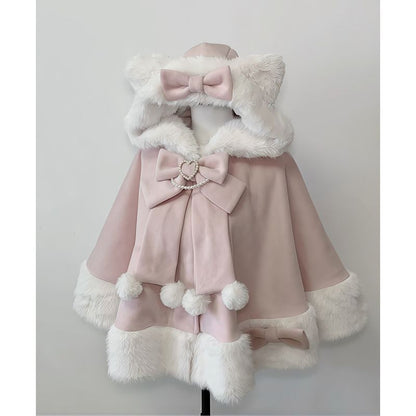 2025 Winter New Lolita Shawl Overcoat Women Design Bow Hooded Patchwork Kawaii Cope Coat Female Warm Chic Sweet Christmas Coat