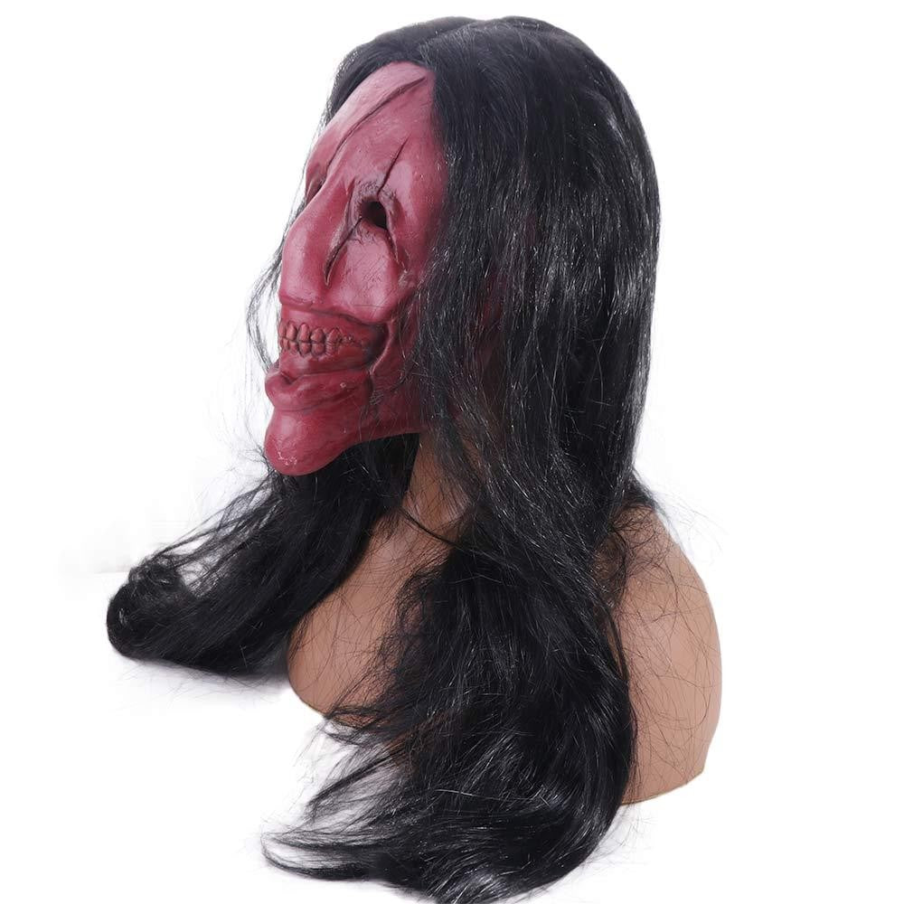 Scary Long Hair Red Face Devil Mask Exposed Teeth Latex Headgear Wig Horror Face Masks Creativity Spooky Scary Demon Mask