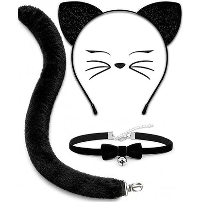 Cat Ears Headband and Tail Bell Collar Set, Cat Costumes for Women Black Cat Ears and Tail Set, Cat Costume Accessories Halloween Party Cosplay Costumes Set for Adults Women