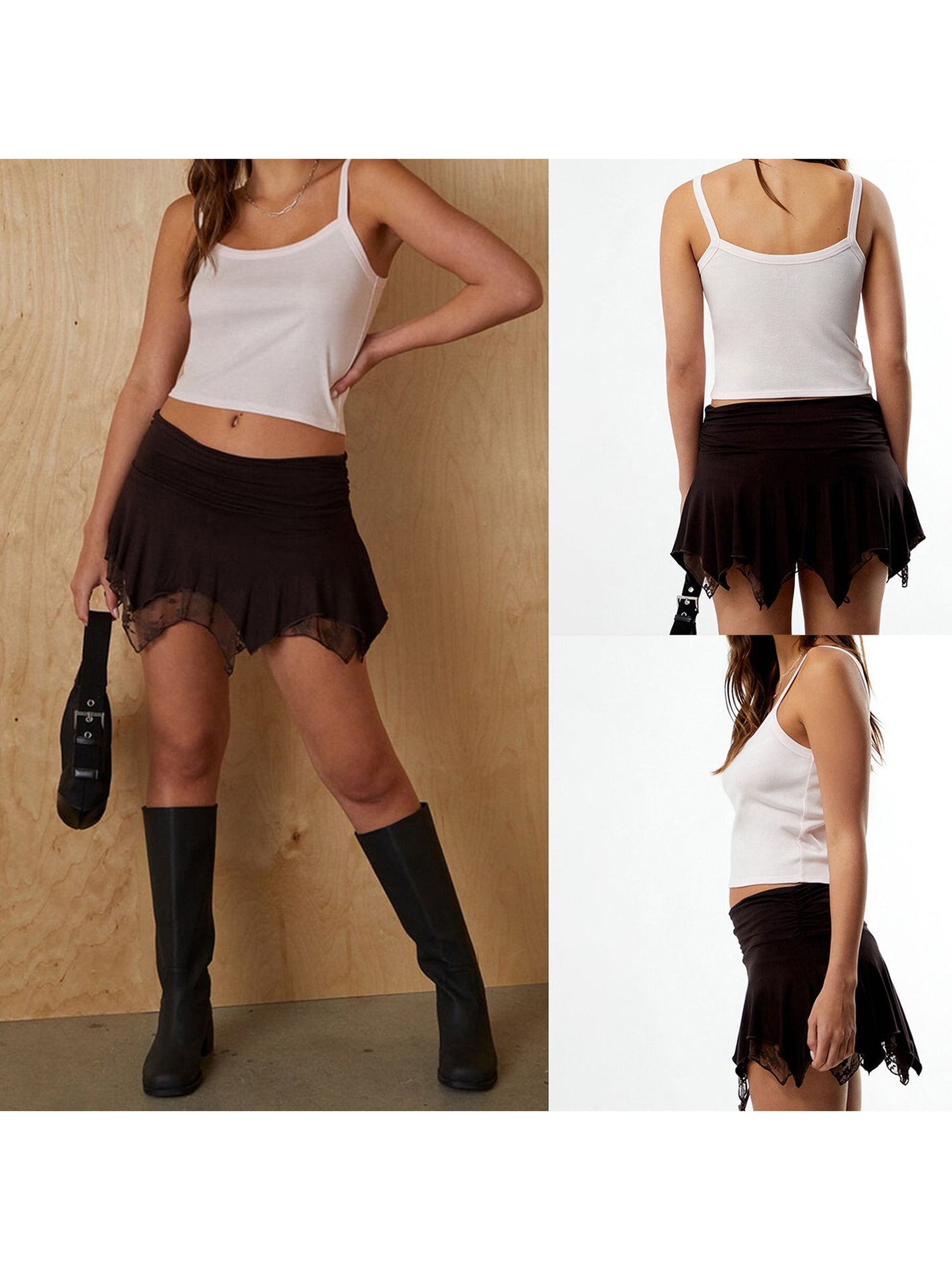 Women s Summer Mini Skirt with Ruched Detailing Low Rise Design Patchwork Lace and Irregular Ruffle Hem - Perfect for Casual