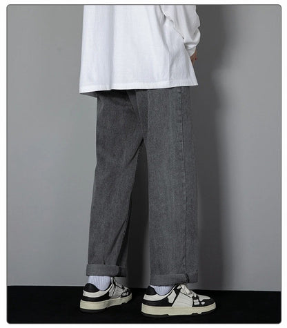 Korean Solid Colors Men's Casual Long Jeans Classic Man Four Seasons Straight Denim Wide-leg Pants Light Blue Grey Black 3XL